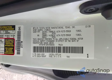 2021 Toyota Tundra Double Cab Limited z USA, uszkodzony, nr VIN 5TFBY5F10MX988652